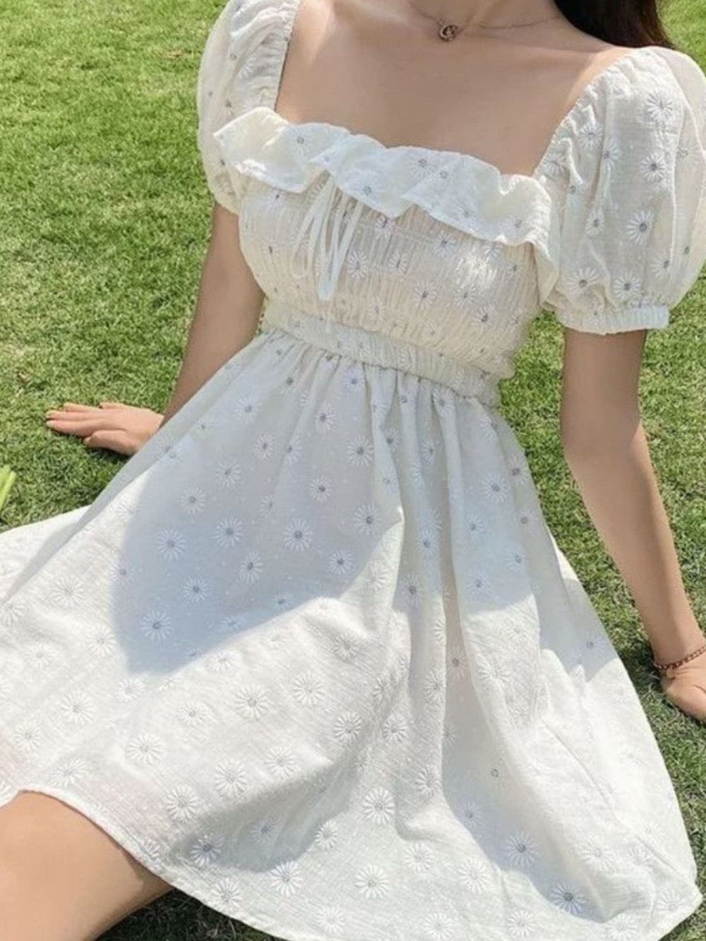 White Daisy Embroidered Puff-Sleeve Mini Dress